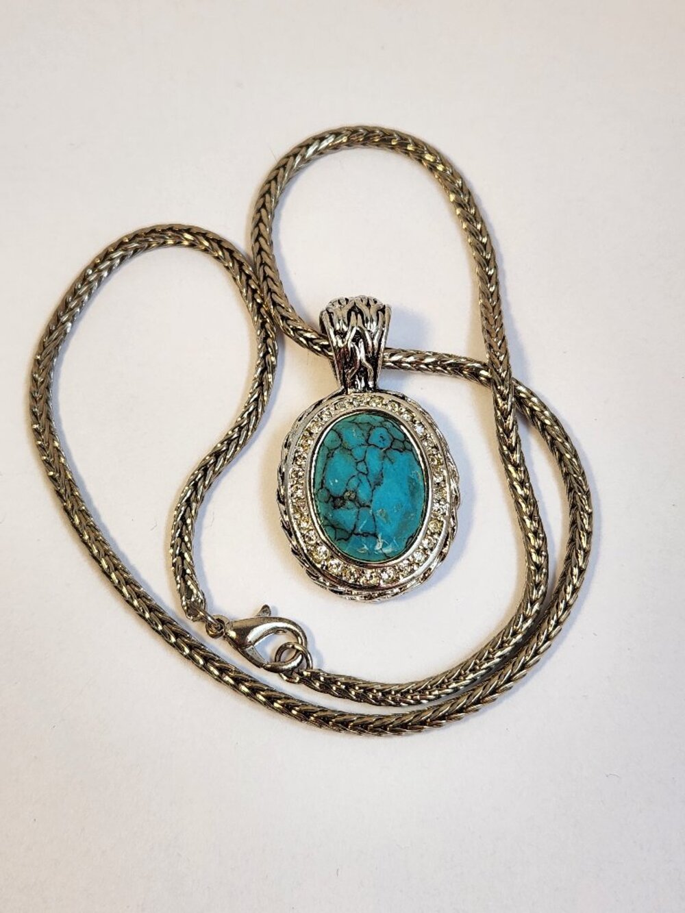 VTG Sterling Silver 925 Turquoise Halo Pendant Necklace Ornate Bali Style 18"